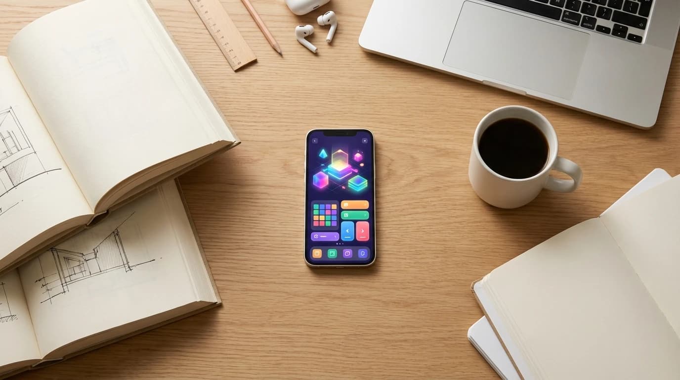 A modern smartphone displaying a colorful quiz app on a neat student desk with textbooks and a coffee cup