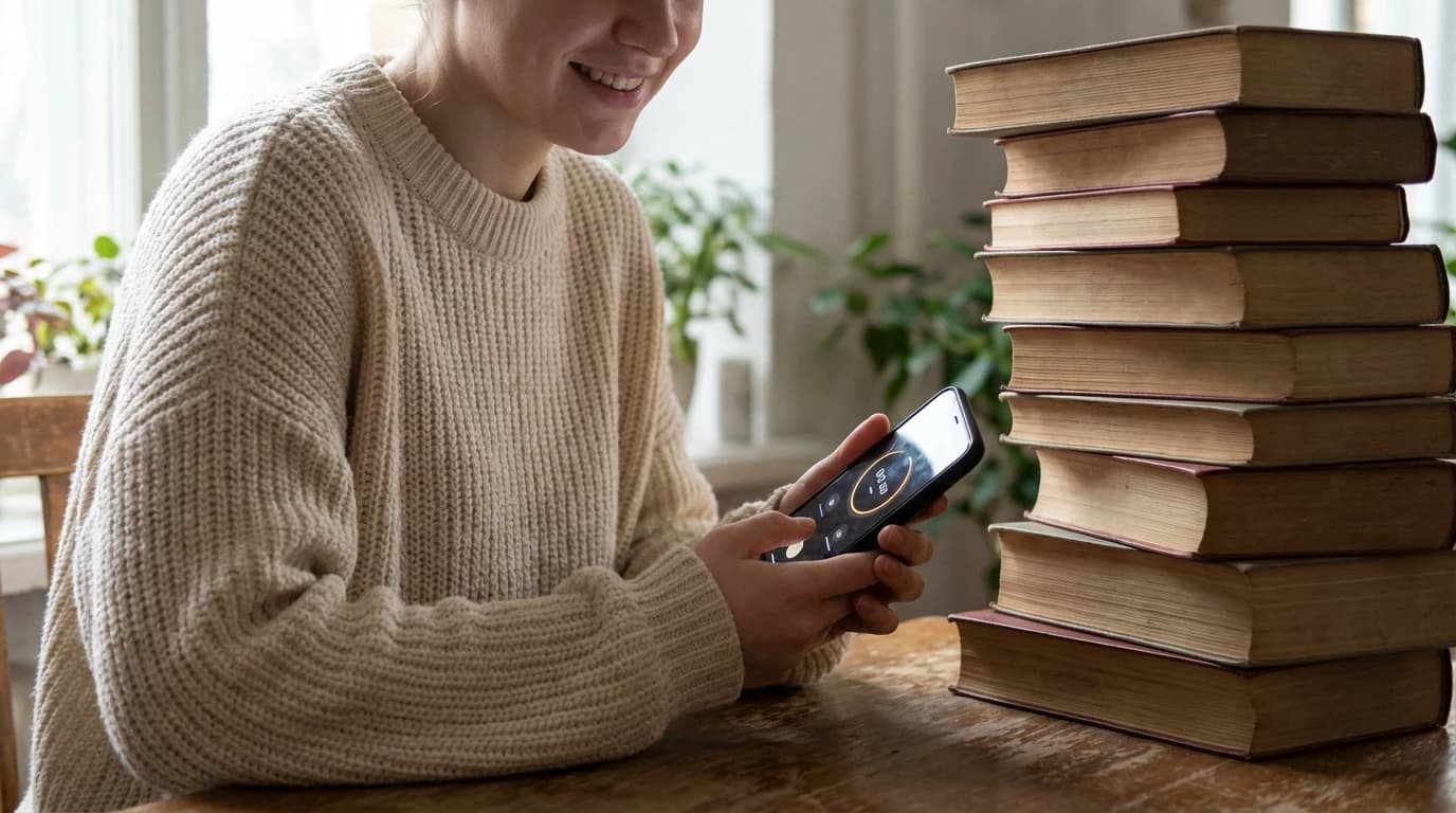 A student looking at a mobile phone with a timer set for 5 minutes next to a stack of textbooks