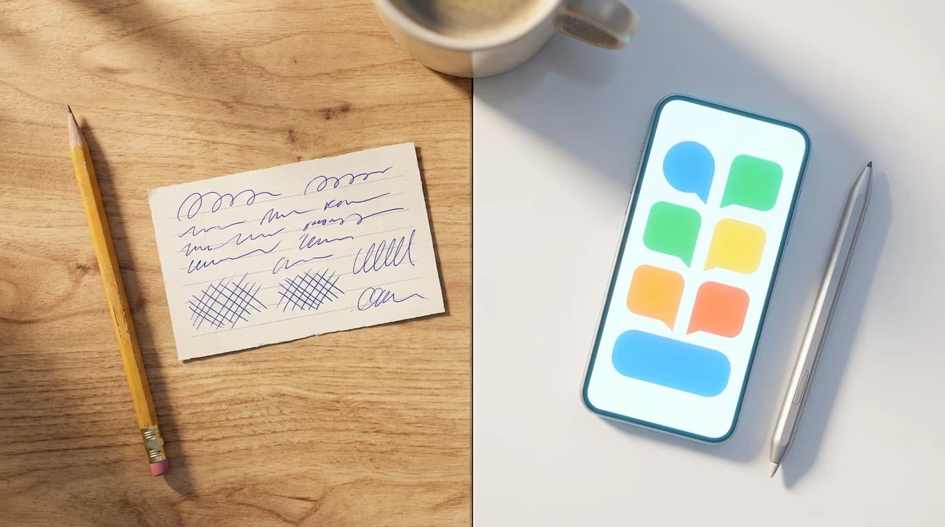 A student comparing a digital quiz app on a smartphone to a stack of paper flashcards