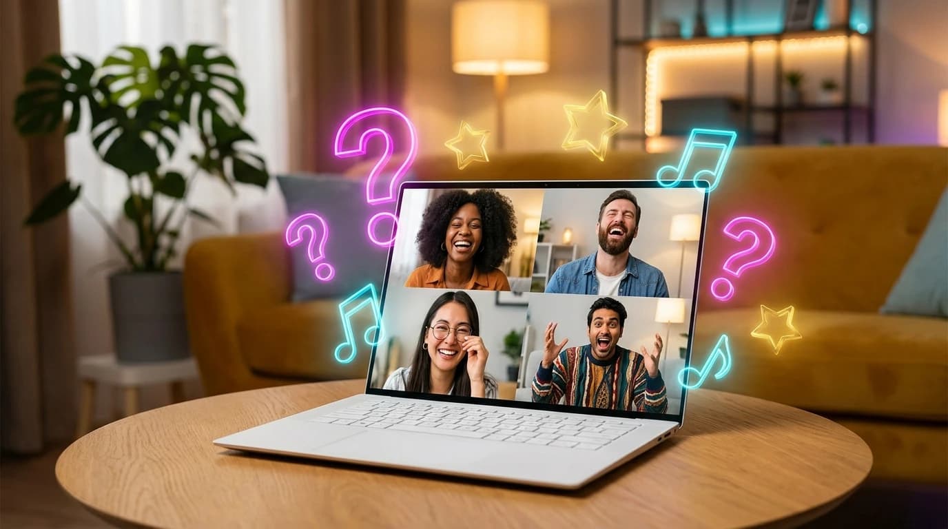 A group of friends laughing on a video call grid with vibrant trivia graphics overlaid on the screen.