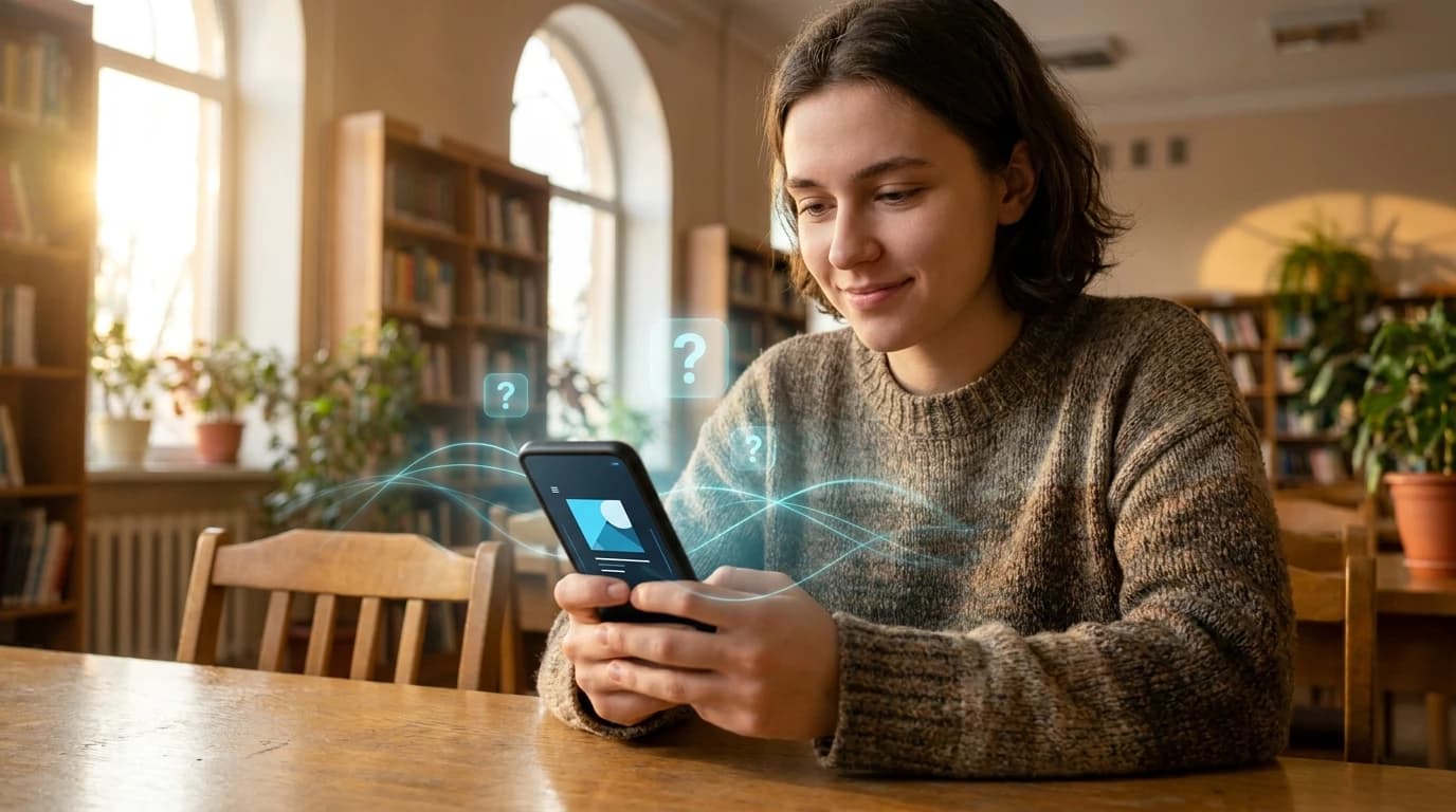 A student holding a smartphone displaying an AI-generated quiz interface with a digital graph overlay