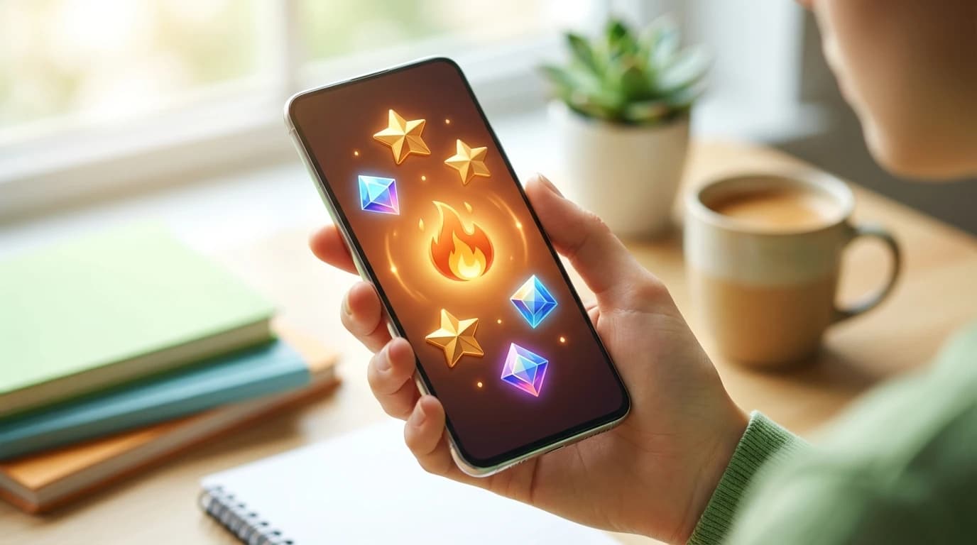 A student smiling while holding a smartphone displaying a gamified quiz app scoreboard.