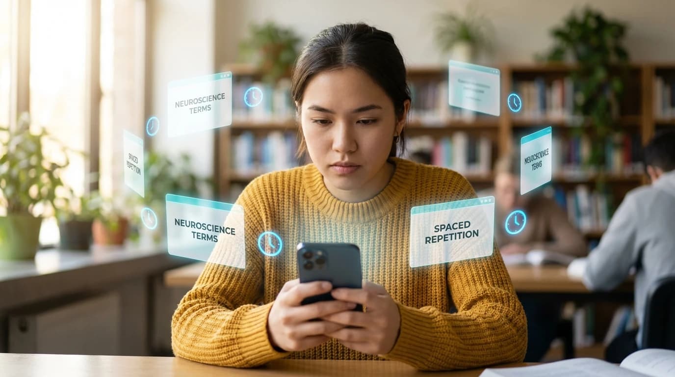 A student looking at a mobile phone with floating flashcards and clock icons, representing spaced repetition study methods.