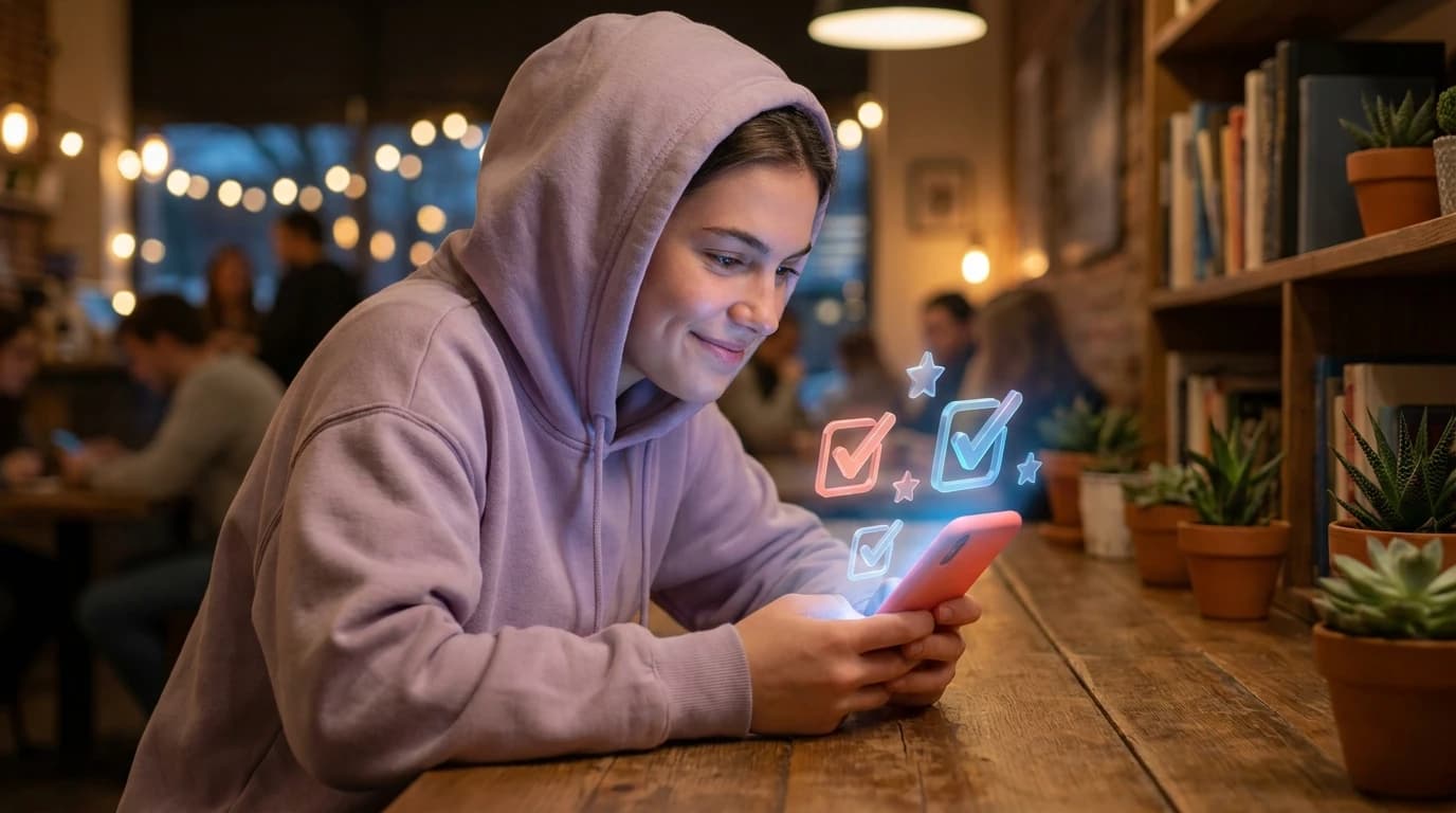 A student looking focused while using a colorful mobile quiz app on their smartphone