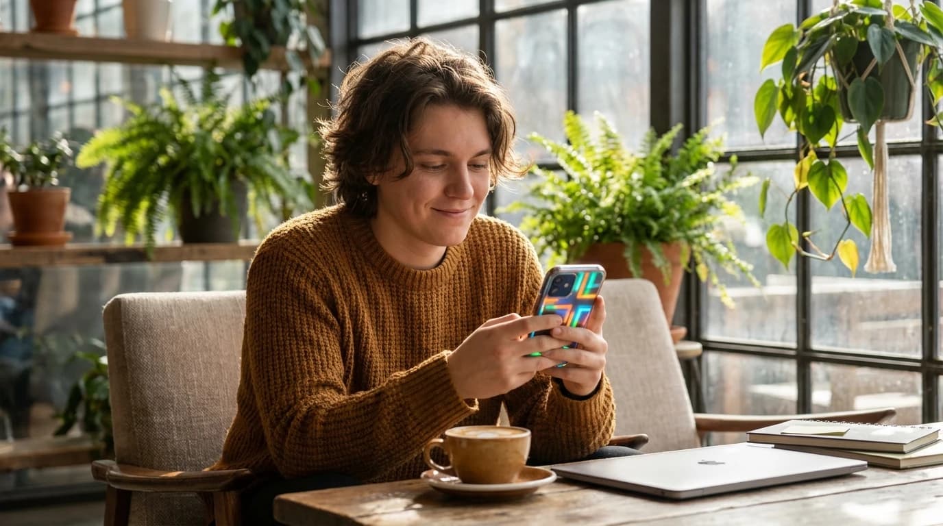 A student using a mobile device to study with digital flashcards for an upcoming exam