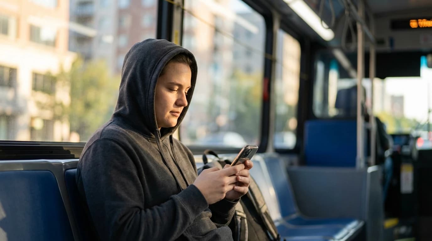A student smiling while looking at a mobile quiz app, feeling confident before an exam