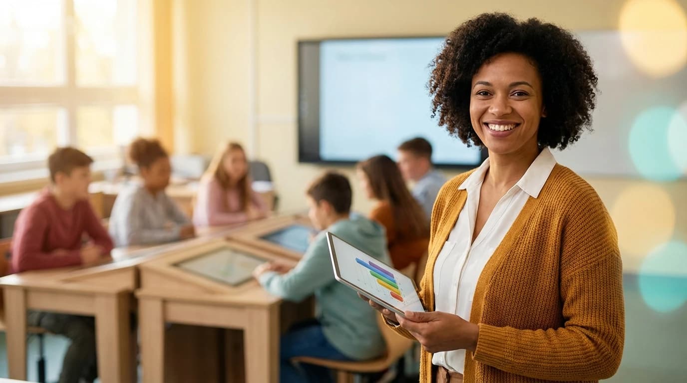 A smiling teacher holding a digital tablet in a bright 2026 classroom, reviewing formative assessment quiz data.