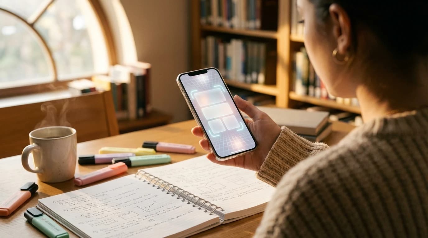 A student scanning their handwritten notes with a smartphone to generate a mobile quiz