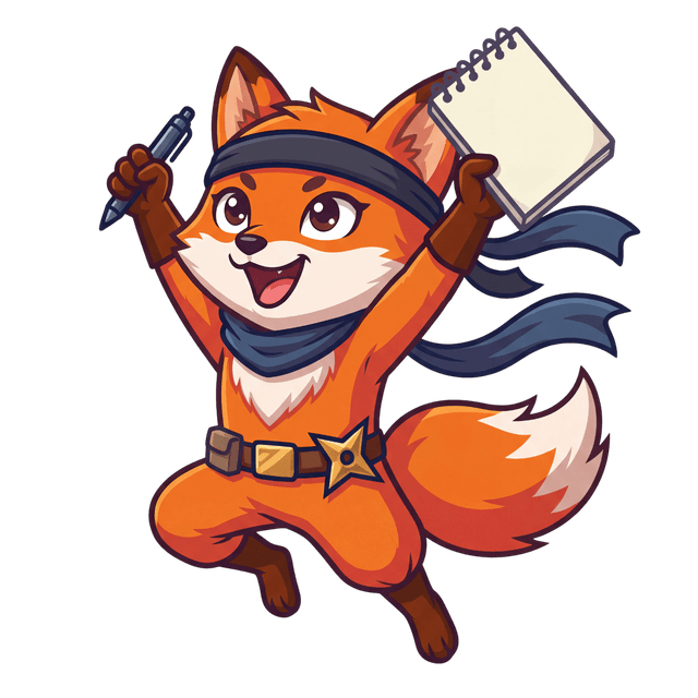 Fuchs-Maskottchen springt mit Notizbuch