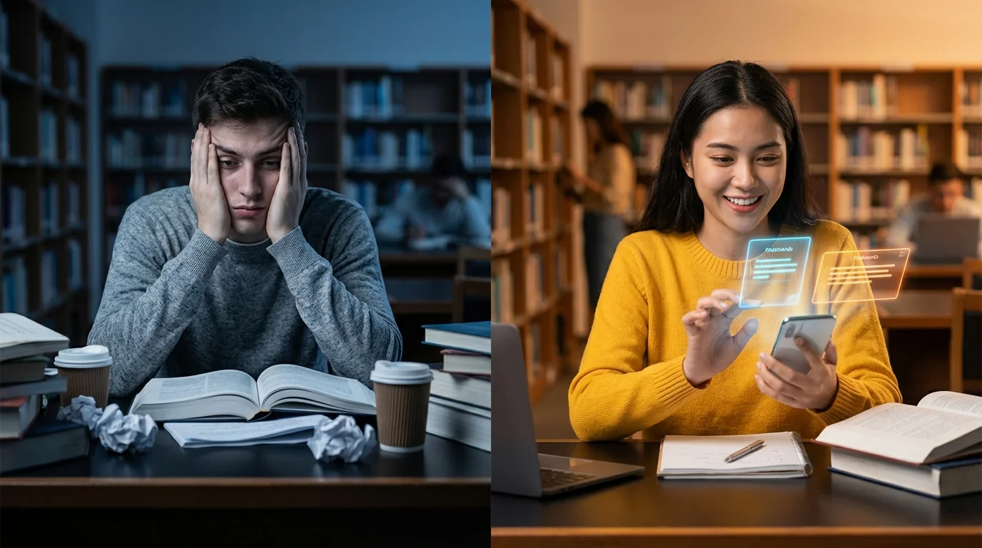 Visual comparison showing passive reading versus active recall studying