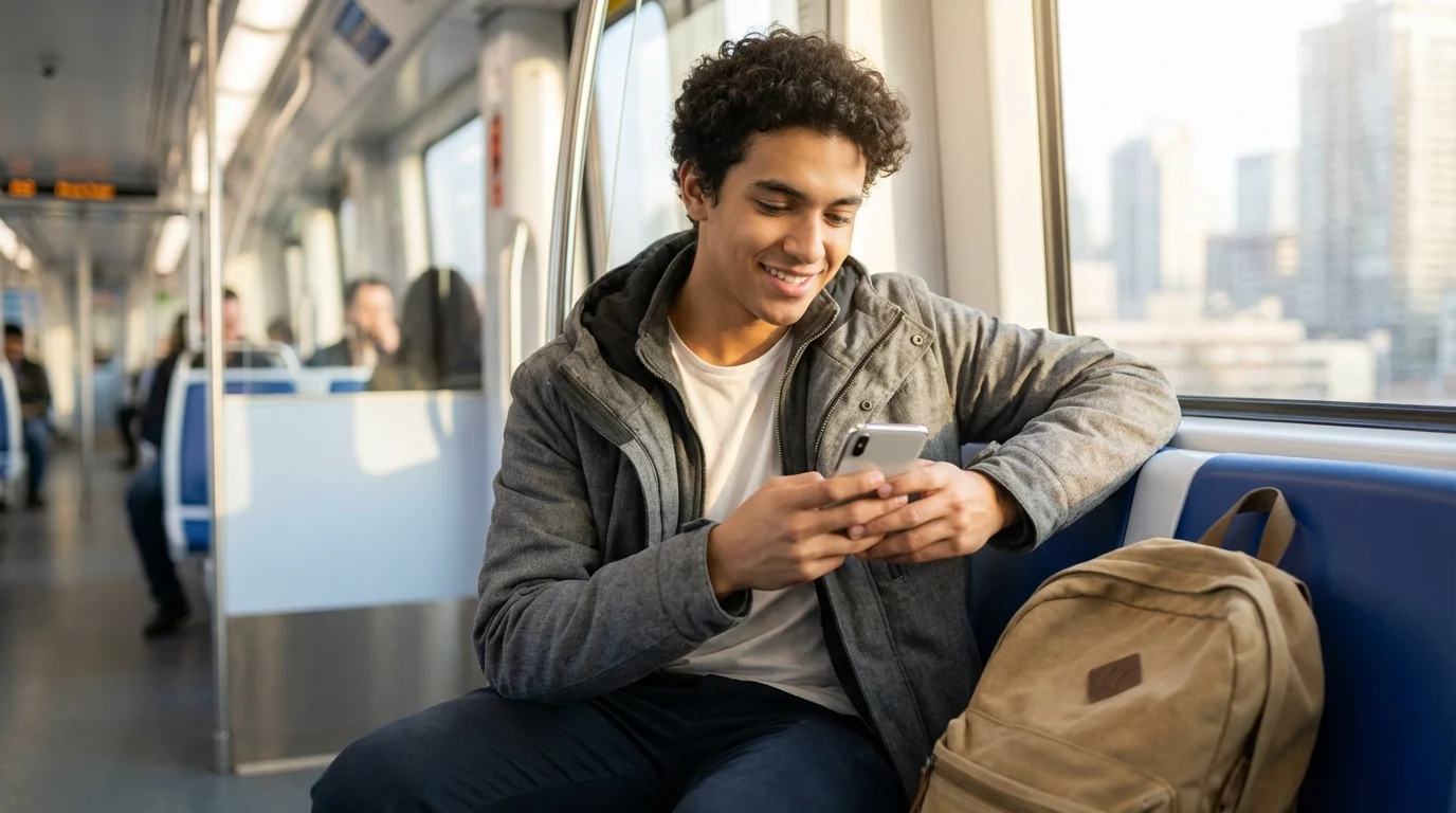 A college student smiling while answering flashcards on a mobile app during a train commute