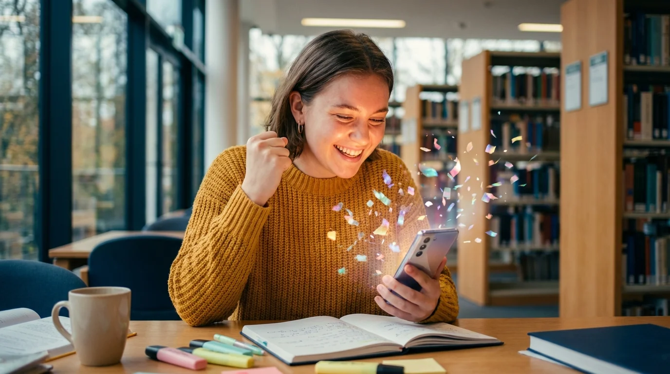 A student looking happy looking at a high score on a mobile phone quiz app