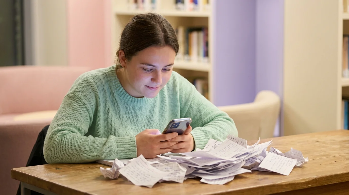 A split screen showing a student looking at a paper flashcard vs holding a smartphone with a quiz app