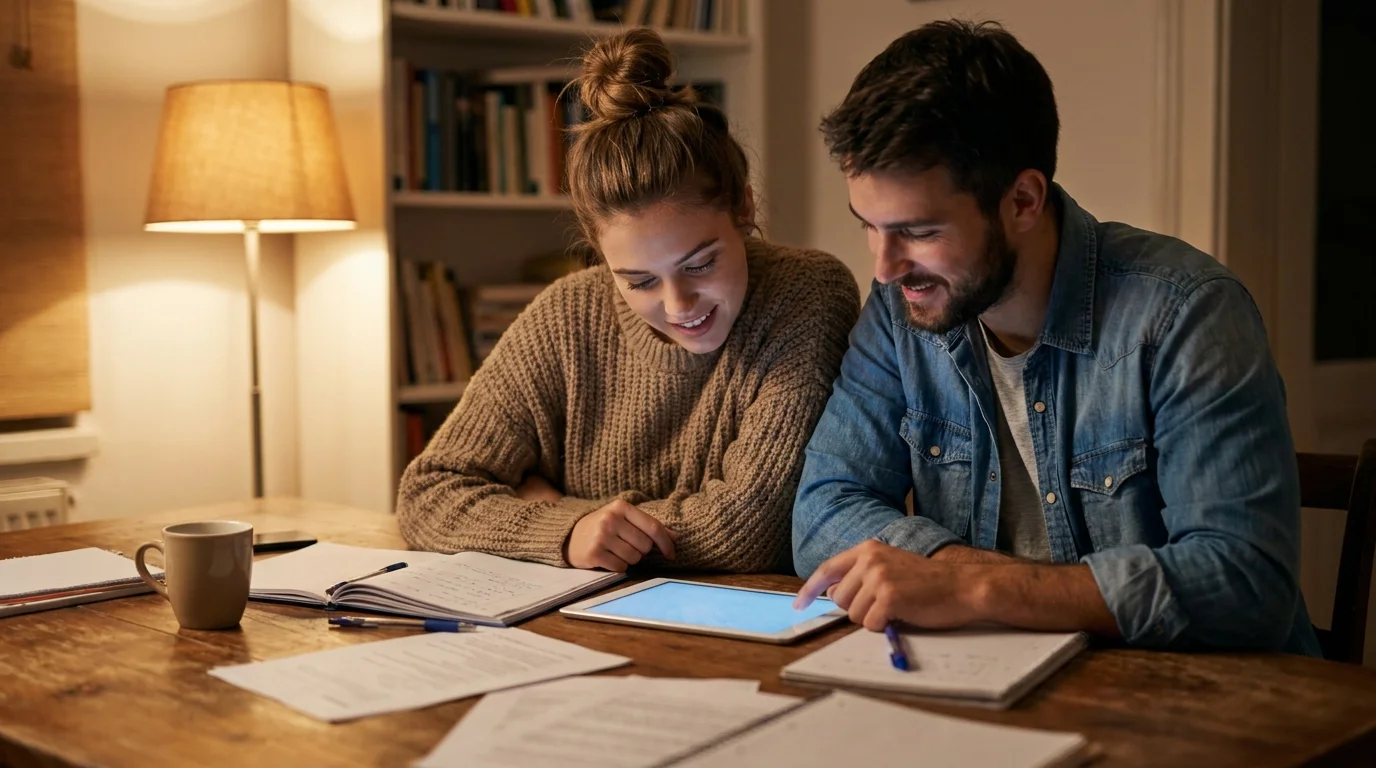 Two students looking at a tablet together, working as a team to solve a virtual trivia question.
