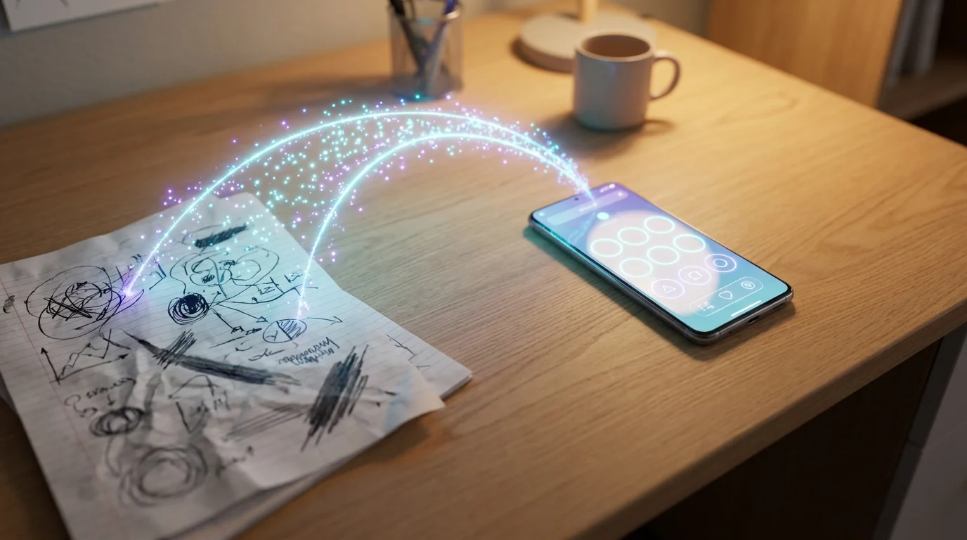 Graphic showing handwritten lecture notes transforming into a clean digital quiz on a mobile app