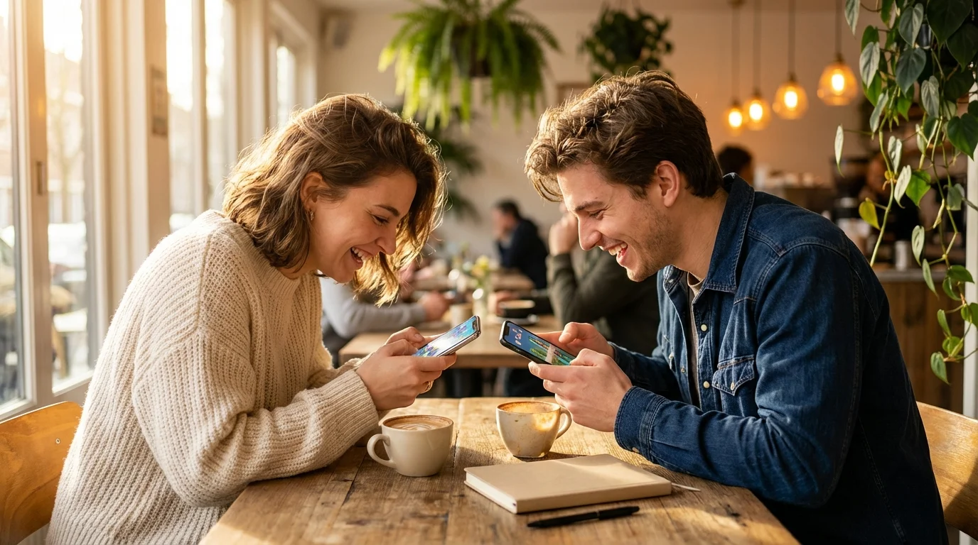 Two friends smiling and looking at their smartphones while playing a competitive quiz game at a cafe table.
