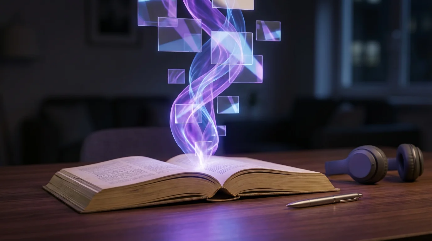 A 3D illustration of a heavy textbook magically turning into interactive digital flashcards.