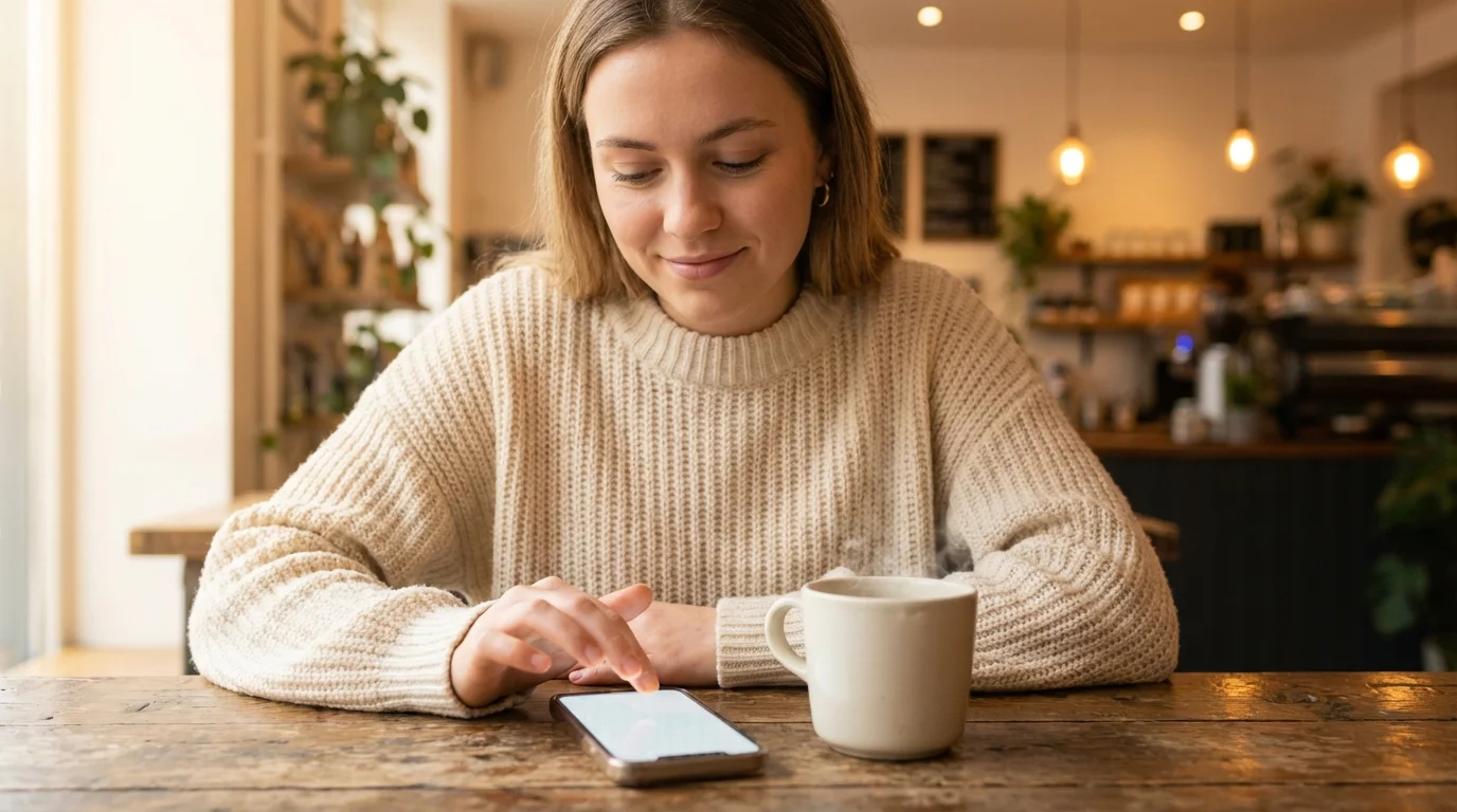 커피를 마시며 휴대폰으로 플래시카드를 복습하는 사람의 모습. 일관된 일일 학습 일정을 상징함.