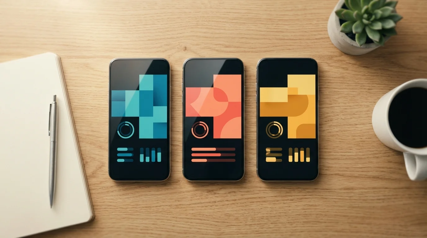 스마트폰 3대에 서로 다른 플래시카드 앱 인터페이스가 나란히 표시된 모습.