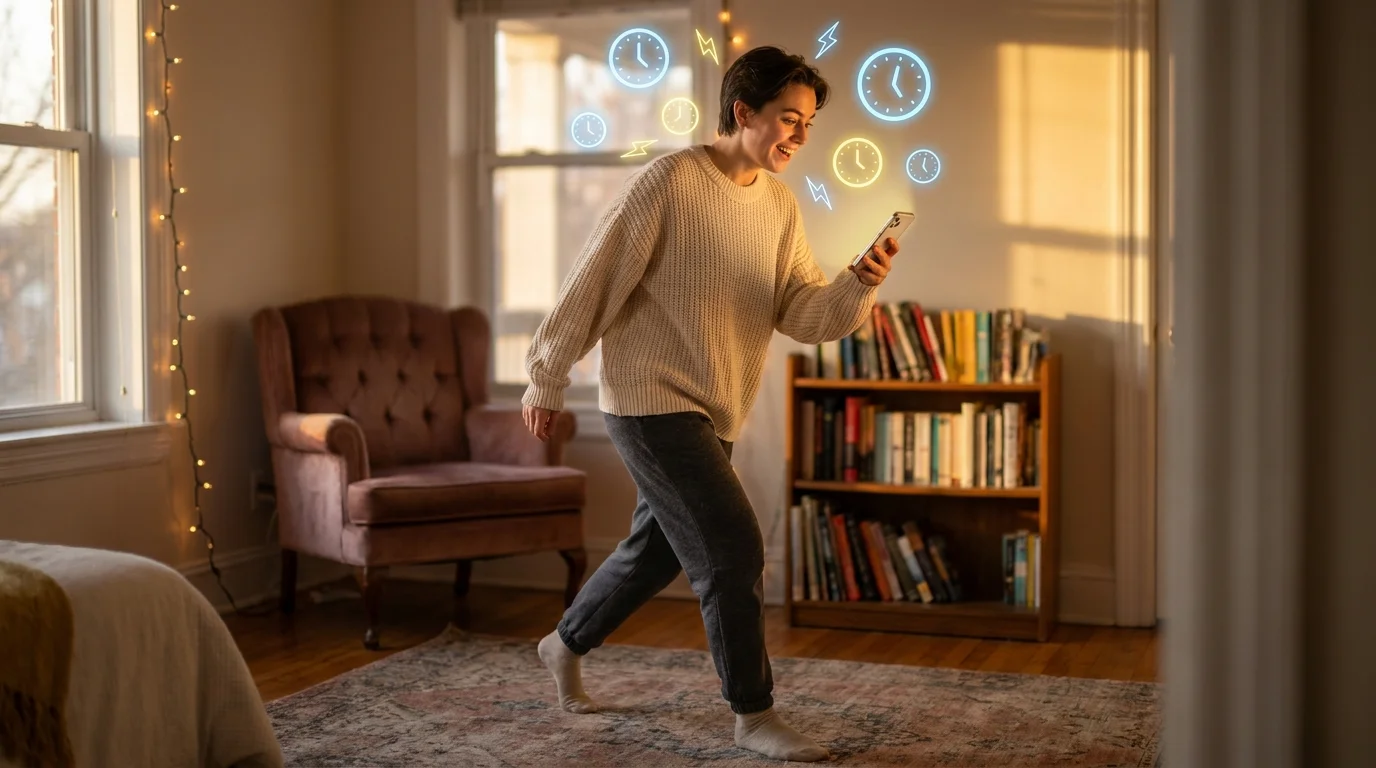 A student standing up and pacing while studying on a phone