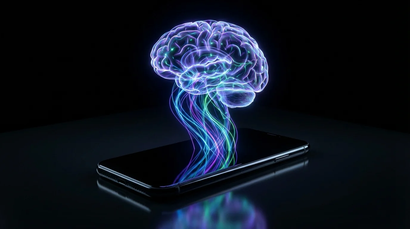 A stylized glowing brain demonstrating active recall from a smartphone