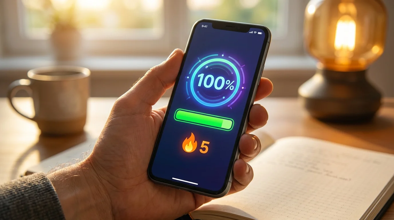 A gamified quiz app interface on a smartphone showing points and a daily streak