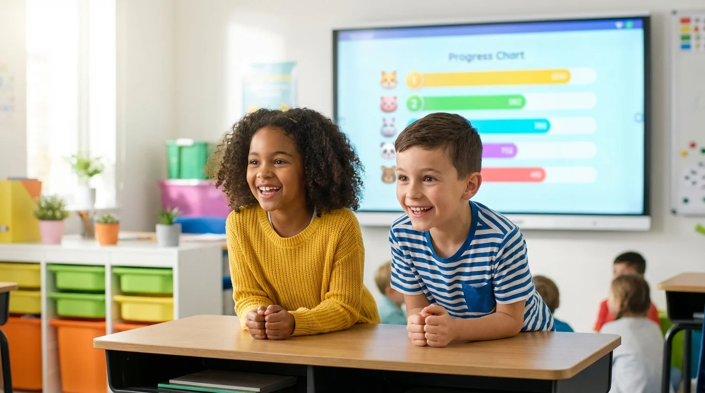An illustrated elementary classroom scene where students look excitedly at a colorful gamified leaderboard on a smartboard.