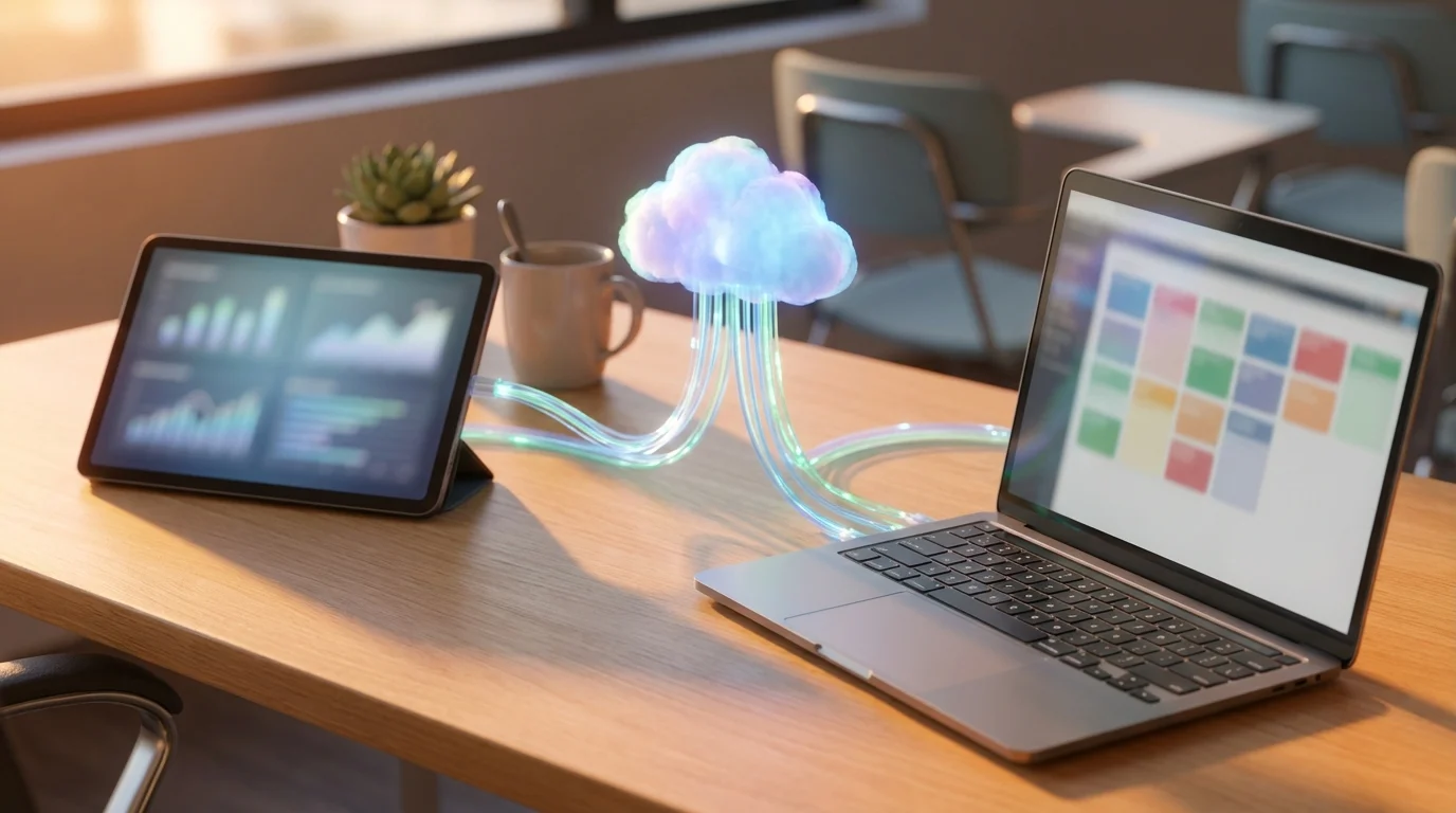 A minimalist graphic showing a digital tablet syncing cloud data with a digital gradebook.