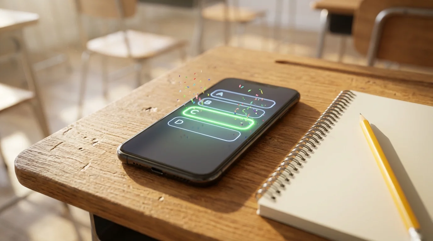 Close up of a modern smartphone displaying a multiple-choice quiz question with a correct answer highlighted in green.